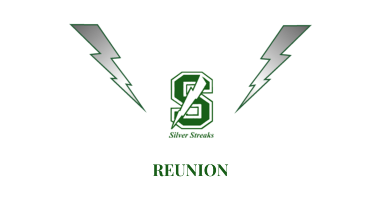 Two sliver lightning bolts with "S" and Silver Streaks in the middle, and "Reunion" centered on the bottom on a white background.