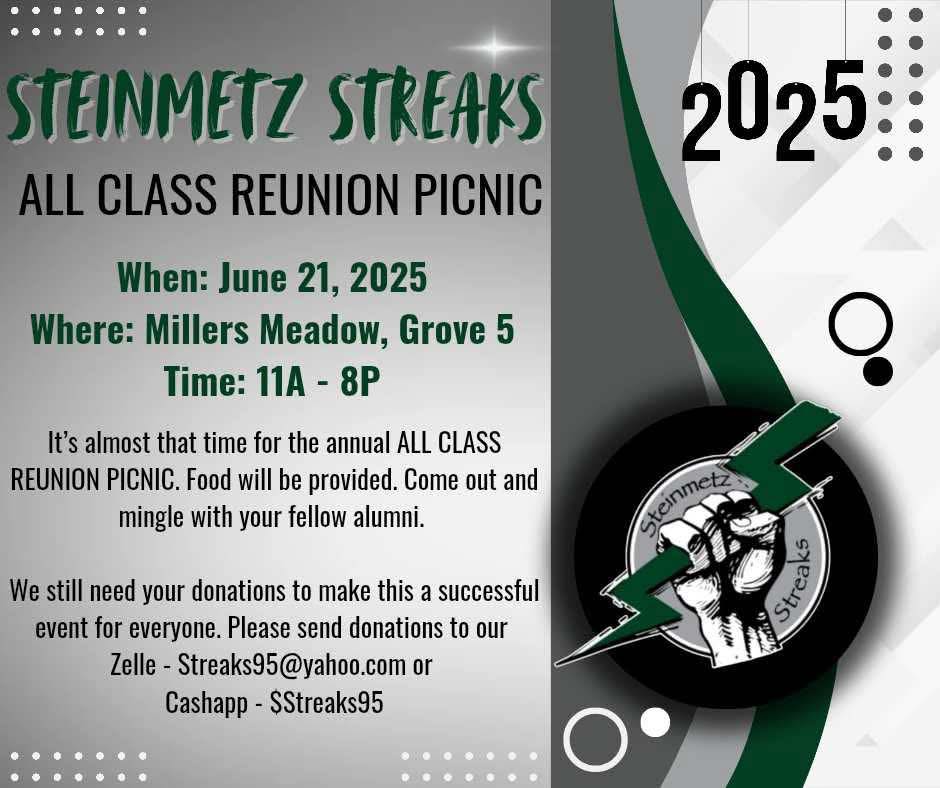ALL CLASS REUNION PINIC (image) JUNE 21, 2025 11:00AM - 8:00PM Millers Meadow, Grove #5, Miller Meadow-South https://fpdcc.com/places/locations/miller-meadow/ Entrance at S 1st Ave, Forest Park, IL 60130 Donations atre still welcomed and needed. Facebook Event: https://www.facebook.com/events/1726859551201940/ Contact: Leslie Banks